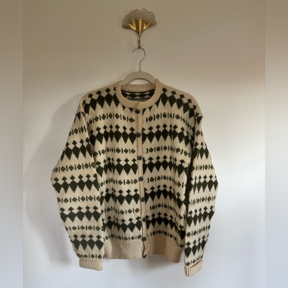 Vintage Fair Isle Cardigan – Chunky Knit, Olive & Cream, Metal Buttons